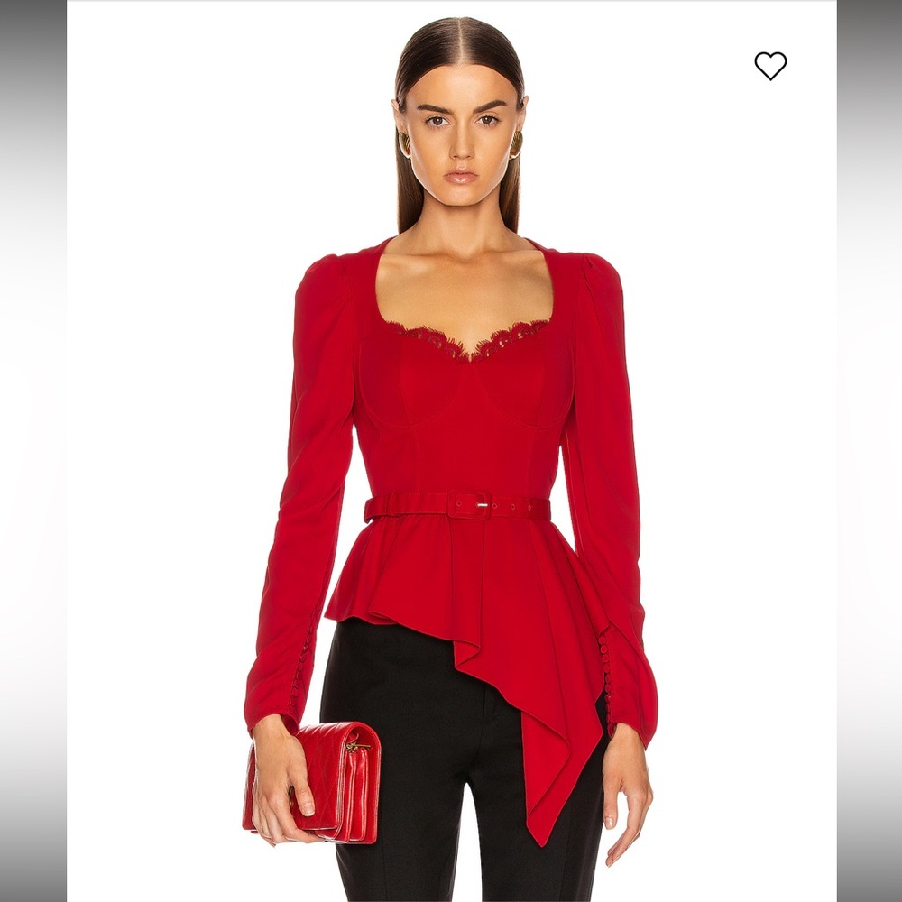 SELF PORTRAIT Red Crepe Peplum Corset Bustier Top Shirt Long-Sleeve Formal Sz 8 - Picture 1 of 16